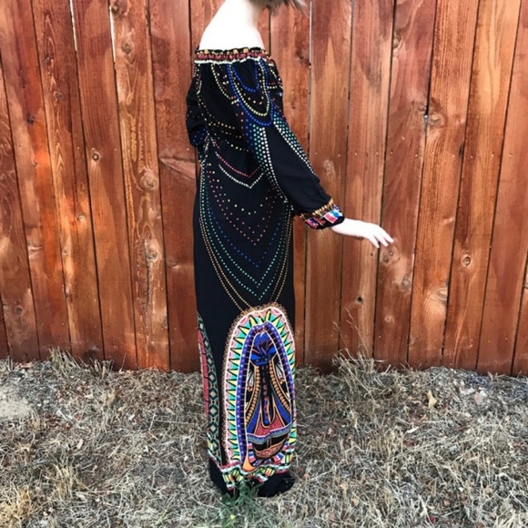 BoHo Off shoulder Maxi long dress small printed hippie bohemian black tomato - Picture 4 of 8